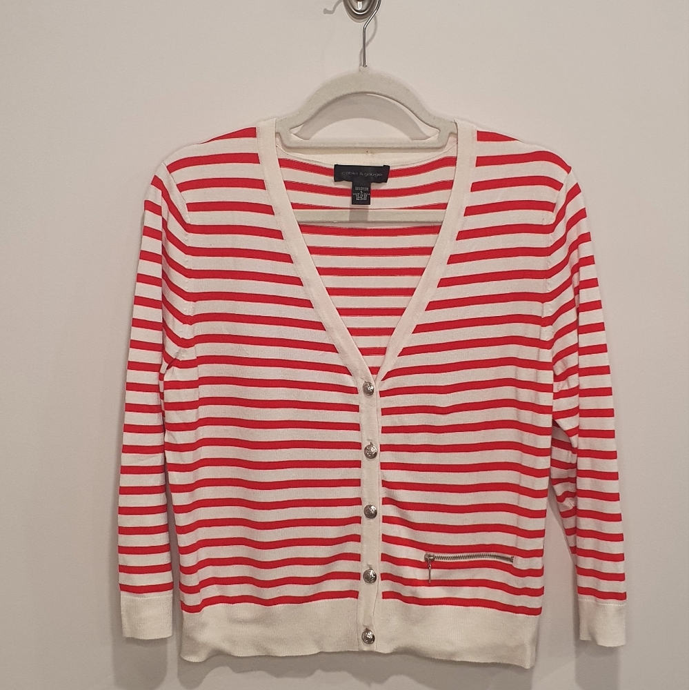 Cable and Gauge striped cardigan sweater, red and ivory, size large